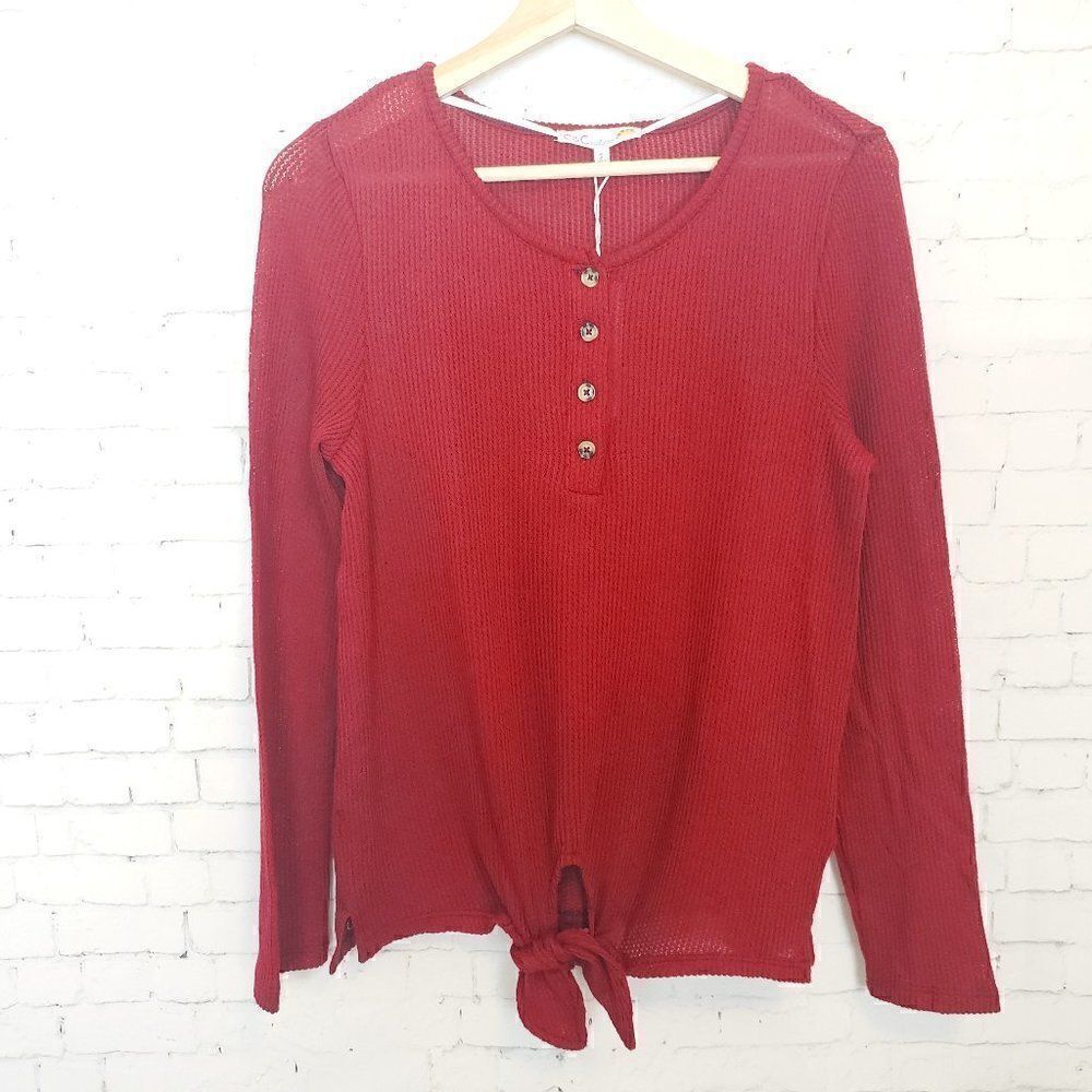 C&C California Top Size S Red Tie Front New Long Sleeve Waffle Knit Womens - Picture 1 of 8